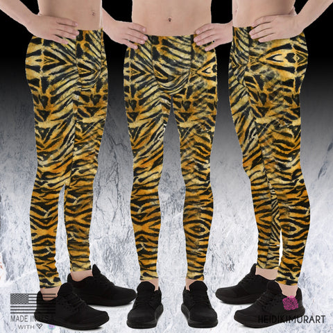 Orange Tiger Striped Meggings, Tiger Stripe Print Men's Leggings, Sexy Wild Exotic Animal Print 38-40 UPF Fitted Elastic Men's Leggings Meggings Sexy Workout Compression Tights/ Pants- Made in USA/EU/MX (US Size: XS-3XL)