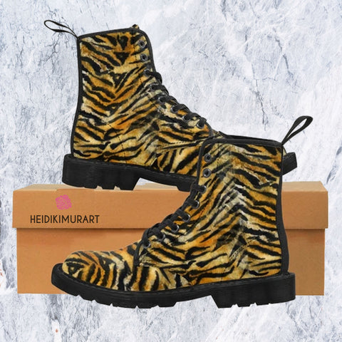 Women's Tiger Stripe Boots, Orange Brown Bengal Tiger Stripe Skin Pattern Designer Luuxry Premium Quality Women's Winter Lace-up Toe Cap Boots Shoes (US Size: 6.5-11)