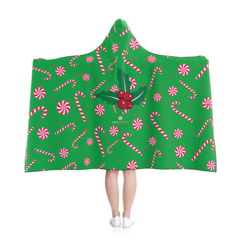 Green Cozy Christmas Red Sugar Cane 50"x40", 80"x56" Holiday Party Hooded Blanket-Hooded Blanket-80x56-Heidi Kimura Art LLC