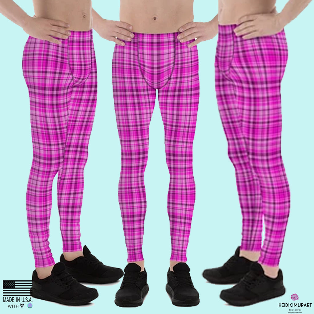 Tartan Pink Plaid Print Meggings, Pink Plaid Print Elastic Men's Leggings  Run Soft Tights- Made in USA/EU/MX