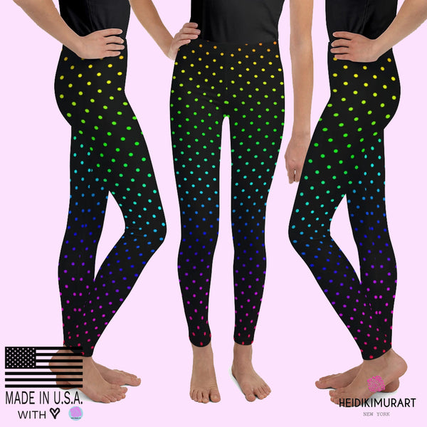 Black Rainbow Polka Dots Youth Leggings Cute Tights Workout Pants- Made in USA/EU-Youth's Leggings-8-Heidi Kimura Art LLC Rainbow Dots Youth Leggings, Black Rainbow Polka Dots Print Premium Quality Youth Gym Sports Elastic Leggings Girl or Boy Bottoms, Winter Essentials Sports Gym Youth Leggings, 38-40 UPF, Sun-Protective Clothing, Made in USA/ Made in Europe (US Size: 8-20)