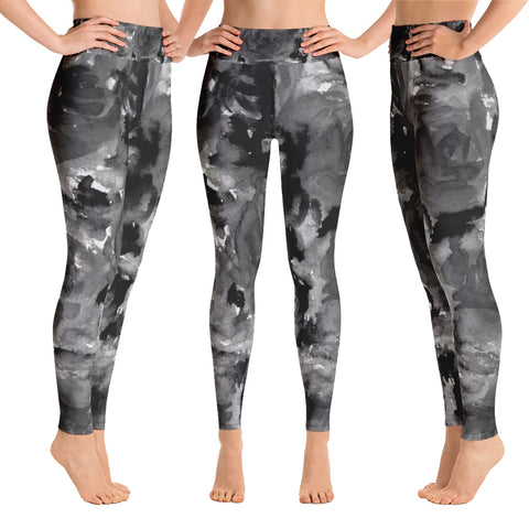 Grey Floral Rose Women's Leggings, Grey Smokey Rose Floral Ocean Print Yoga Leggings/ Long Yoga Pants For Fitness Loving Women - Made in USA/EU/MX (US Size: XS-XL)
