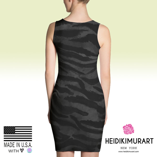 Cute Little Black Gray Tiger Stripe Animal Print Women's Long Sleevless Floral Dress- Made in USA-Women's Sleeveless Dress-Heidi Kimura Art LLC
