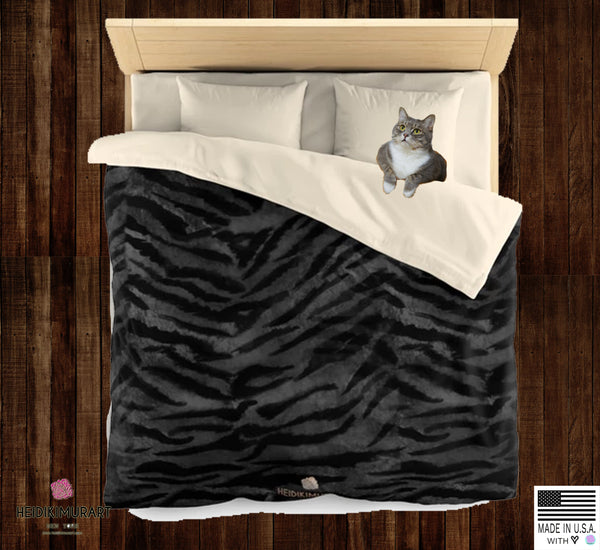 Black Tiger Stripe Duvet Cover, Gray Animal Print Queen/Twin Size Microfiber Duvet Cover-Duvet Cover-Heidi Kimura Art LLC
