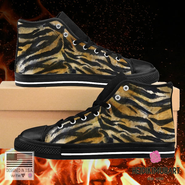 Wild Fierce Tiger Striped Animal Print Pattern Designer Men's High Top Sneakers Shoes-Men's High Top Sneakers-Heidi Kimura Art LLC