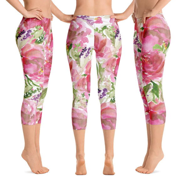 Pink Flower Women's Capris Tights, Pink Princess Rose Floral Designer Casual Capri Leggings Activewear Sports Casual Best Outfit - Made in USA/EU/MX (US Size: XS-XL)