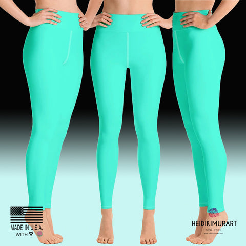 Women's Turquoise Blue Yoga Pants, Bright Solid Color Workout Tights, Made in USA/EU-Leggings-Heidi Kimura Art LLCTurquoise Blue Women's Leggings, Women's Turquoise Blue Bright Solid Color Yoga Gym Workout Tights, Long Yoga Pants Leggings Pants,Plus Size, Soft Tights - Made in USA/EU, Women's Turquoise Blue Solid Color Active Wear Fitted Leggings Sports Long Yoga & Barre Pants (US Size: XS-XL)