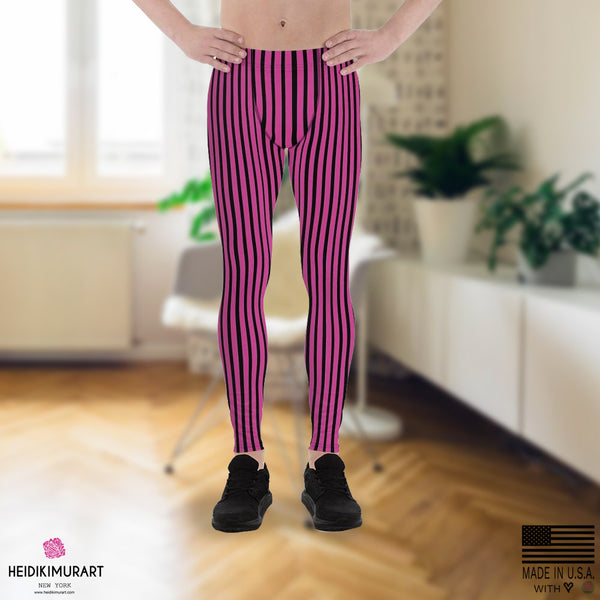 Hot Pink Striped Meggings, Hot Pink Black Stripe Print Modern Fashionable Men's Running Workout Gym Circus Carnival Festival Leggings & Run Tights Meggings Activewear- Made in USA/ Europe (US Size: XS-3XL)