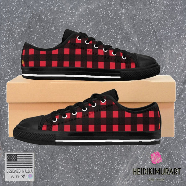 Buffalo Red Plaid Print Designer Men's Low Top Sneakers Running Shoes (US Size: 6-14)-Men's Low Top Sneakers-Heidi Kimura Art LLC Buffalo Red Men's Sneakers, Flannel Best Classic Buffalo Red Plaid Print Designer Men's Low Top Sneakers Running Tennis Canvas Fashion Shoes (US Size: 6-14)