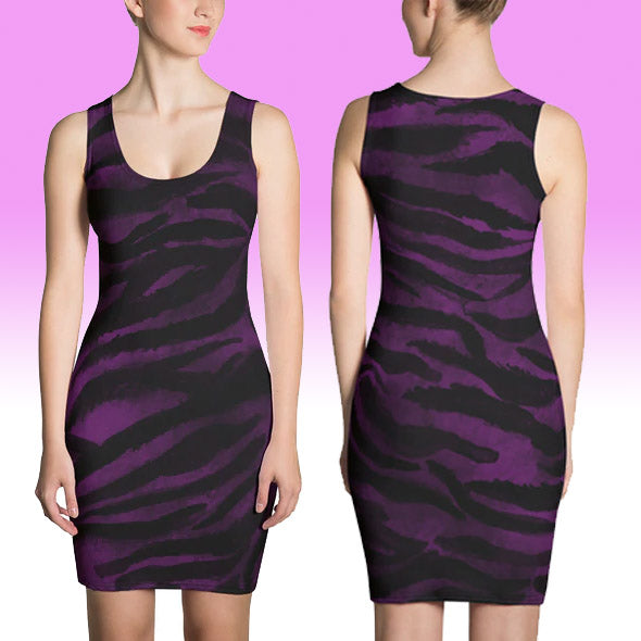 Tiger Striped Animal Print Dress, 1-pc Purple Tiger Striped Animal Print Women's Sleeveless Royal Purple 1-pc  Crew Neck Designer Best Tank Dress - Made in USA/ Europe/ MX (US Size: XS-XL)
