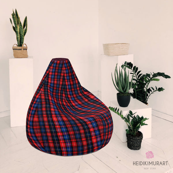 Red Plaid Bean Bag, Red and Blue Tartan Plaid Print Water Resistant Polyester Bean Sofa Bag W: 58"x H: 41" Chair With Filling Or Bean Bag Cover Without Filling- Made in Europe