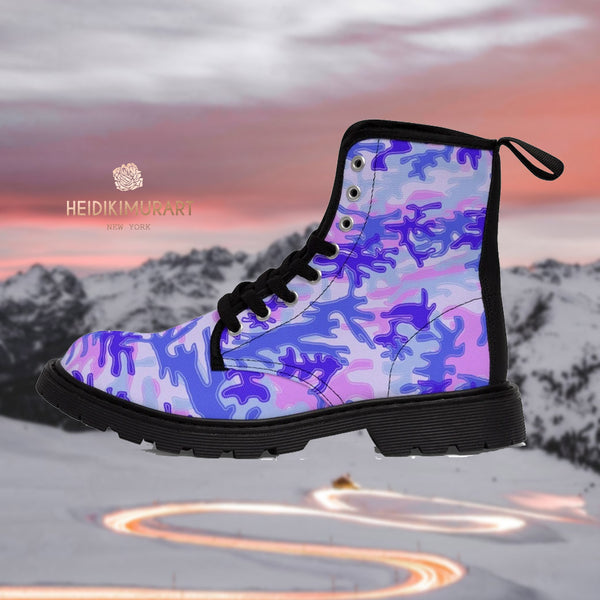 Purple Camo Men's Boots, Light Pastel Purple Camouflage Military Army Print Men's Canvas Winter Laced Up Boots Anti Heat + Moisture Designer Men's Winter Boots (US Size: 7-10.5)