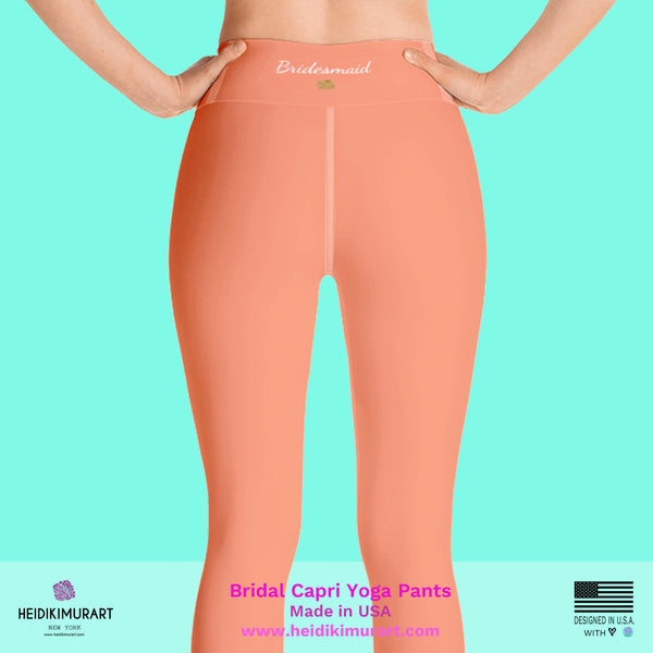 Peach Pink Bridesmaid Text Designer Women's Yoga Capri Leggings- Made in USA-Capri Yoga Pants-Heidi Kimura Art LLC