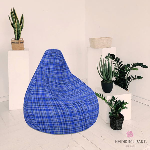 Blue Plaid Bean Bag Chair, Blue Tartan Plaid Print Water Resistant Polyester Bean Sofa Bag W: 58"x H: 41" Chair, 3.4' Tall,  With Filling Or Bean Bag Cover Without Filling- Made in Europe