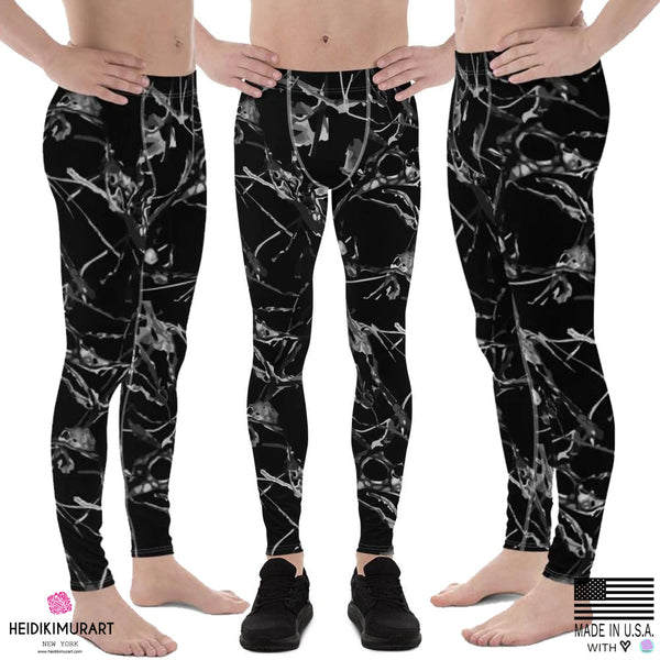 Black Marble Print Meggings, Black Gray Marble Print Sexy Men's Leggings Workout Compression Run Tights Meggings Pants- Made in USA/EU (US Size: XS-3XL)