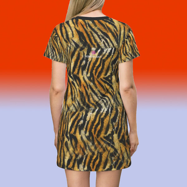 Orange Tiger Stripes T-Shirt Dress, Orange Tiger Striped Best Animal Print Designer Crew Neck Women's Long Tee Long T-shirt Dress-Made in USA (US Size: XS-2XL)