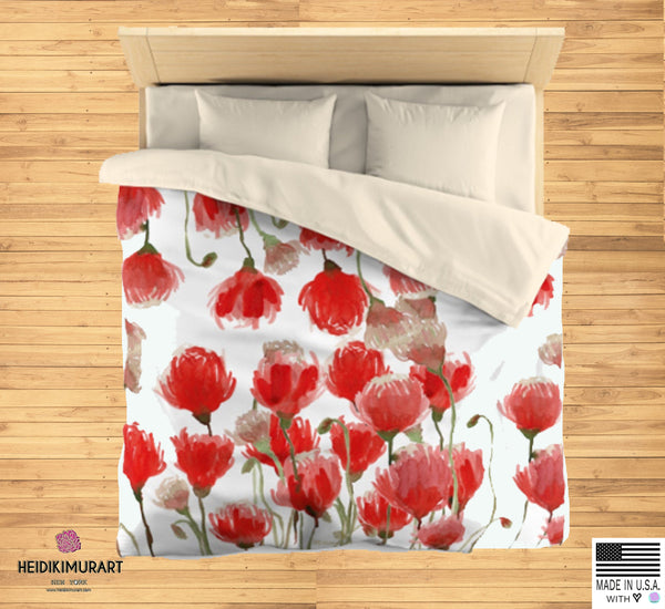 White Red Poppy Flower Floral Super Soft Polyester Microfiber Duvet Cover- Made in USA-Duvet Cover-Heidi Kimura Art LLC