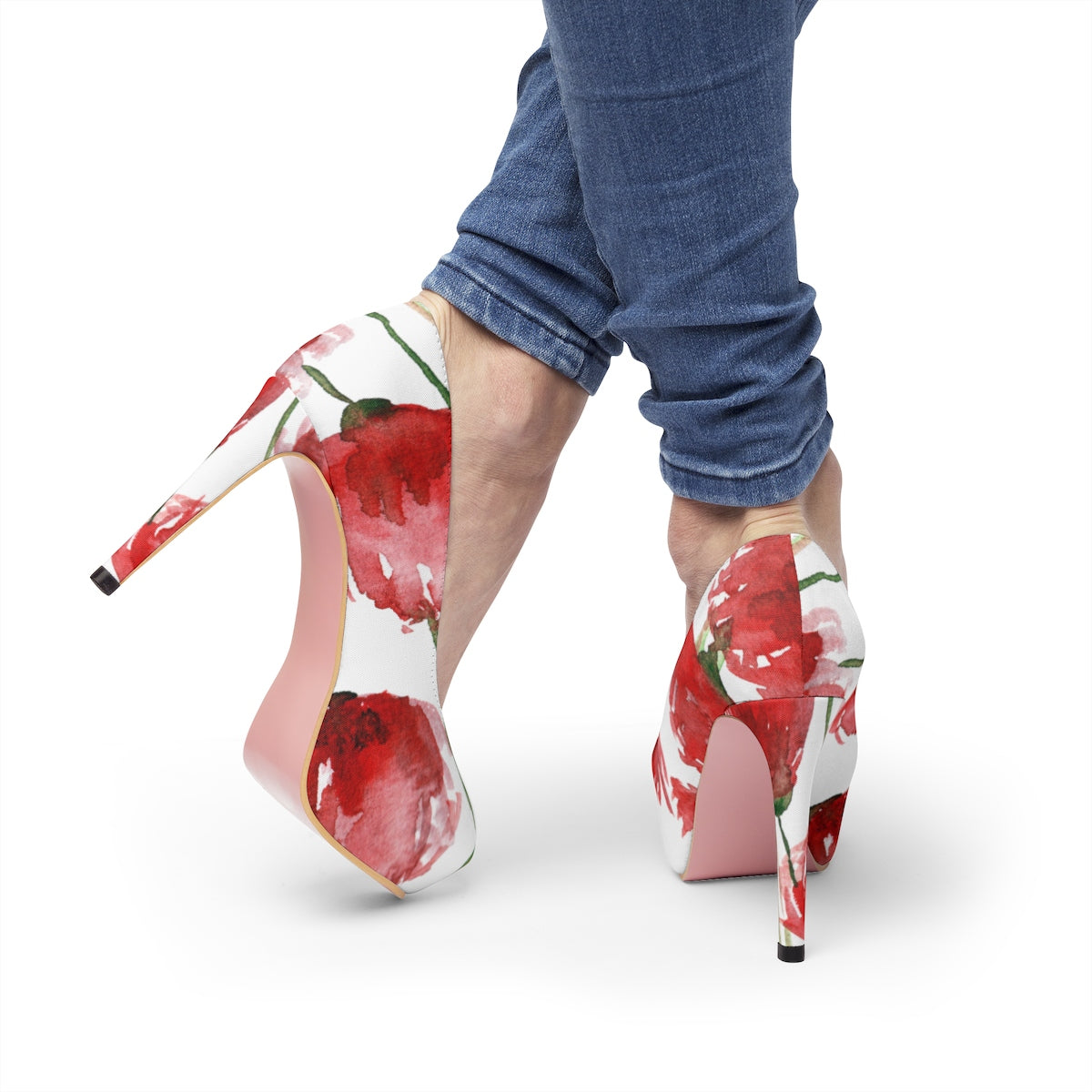 Poppy Red Floral Print Women's Designer's Choice 4" Platform Heels (US Size: 5-11)-4 inch Heels-US 10-Heidi Kimura Art LLC