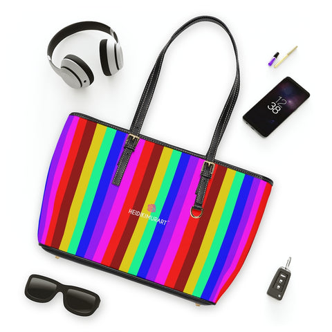 Best Rainbow Stripes Tote Bag, Best Stylish Colorful Rainbow Striped PU Leather Shoulder Large Spacious Durable Hand Work Bag 17"x11"/ 16"x10" With Gold-Color Zippers & Buckles & Mobile Phone Slots & Inner Pockets, All Day Large Tote Luxury Best Sleek and Sophisticated Cute Work Shoulder Bag For Women With Outside And Inner Zippers