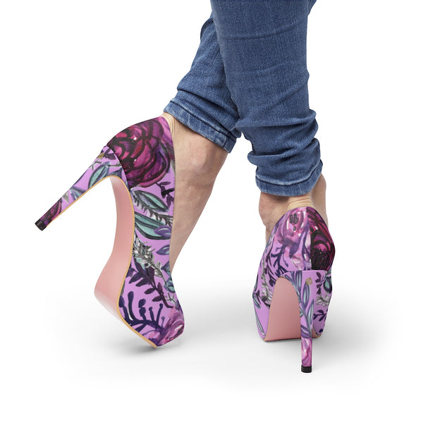 Pink Purple Rose Floral Women's Platform Heels Stiletto Pumps Shoes (US Size: 5-11)-4 inch Heels-Heidi Kimura Art LLC Purple Floral Heels, Pink Purple Rose Floral Women's Platform Heels Stiletto Pumps (US Size: 5-11) Women's 4" Platform Heels Shoes
