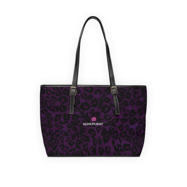Purple Leopard Print Tote Bag, Best Stylish Dark Purple Leopard Animal Printed PU Leather Shoulder Large Spacious Durable Hand Work Bag 17"x11"/ 16"x10" With Gold-Color Zippers & Buckles & Mobile Phone Slots & Inner Pockets, All Day Large Tote Luxury Best Sleek and Sophisticated Cute Work Shoulder Bag For Women With Outside And Inner Zippers