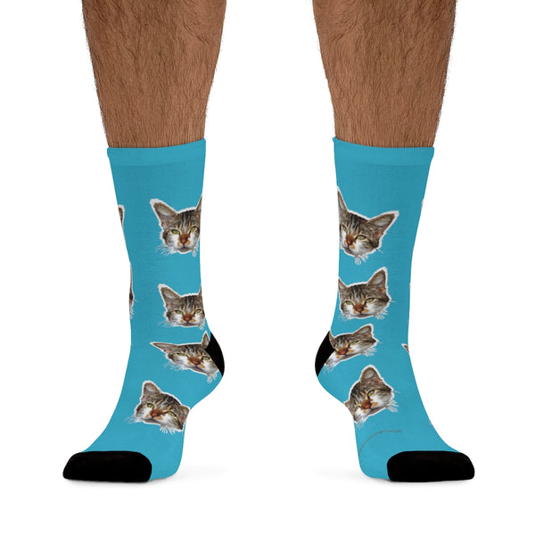 Blue Cat Print Socks, Designer Cute Calico Cat One-Size Premium Socks- Made in USA-Socks-One size-Heidi Kimura Art LLC