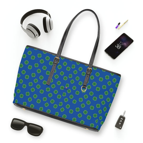 Blue Green Clovers Tote Bag, PU Leather Shoulder Hand Work Bag