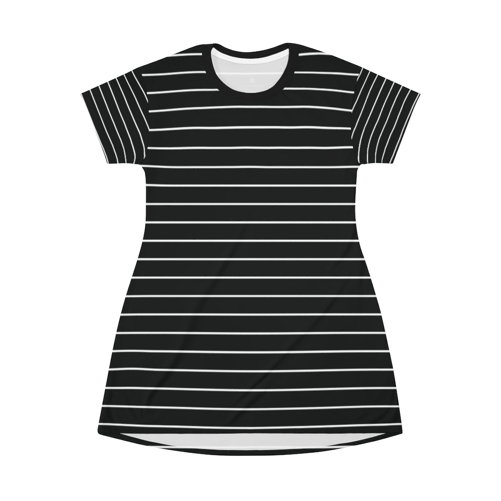 Black Striped T-Shirt Dress, Modern Classic Essential Women's Dress-Made in USA-All Over Prints-Printify-2XL-Heidi Kimura Art LLC Black Striped T-Shirt Dress, Modern Classic Essential Best Stripes Print Women's Long T-Shirt Dress- Made in USA (US Size:XS-2XL)
