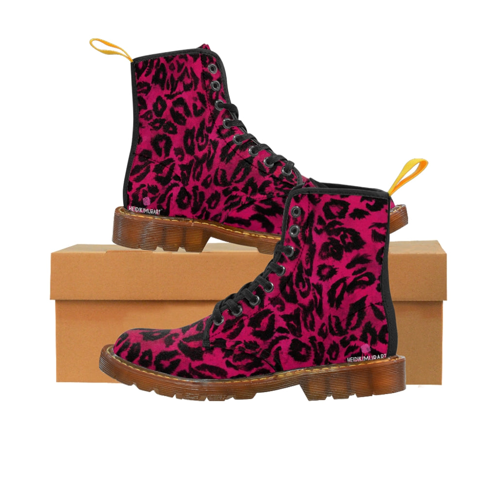Hot Pink Women's Canvas Boots, Hot Pink Leopard Animal Print Designer Women's Winter Lace-up Toe Cap Hiking Boots Shoes For Women (US Size 6.5-11)
