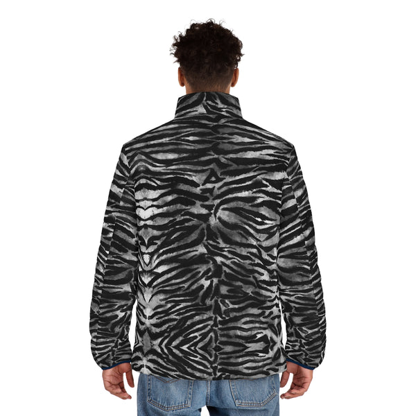 Grey Tiger Striped Men's Jacket, Best Animal Print Winter Regular Fit Polyester Men's Puffer Jacket With Stand Up Collar (US Size: S-2XL)