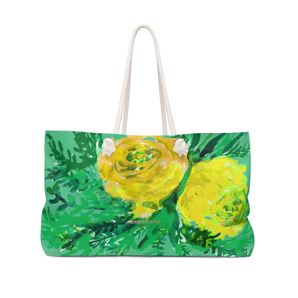 Turquoise Blue Yellow Rose Floral Print Oversized 24"x13" Large Weekender Bag-Weekender Bag-24x13-Heidi Kimura Art LLC