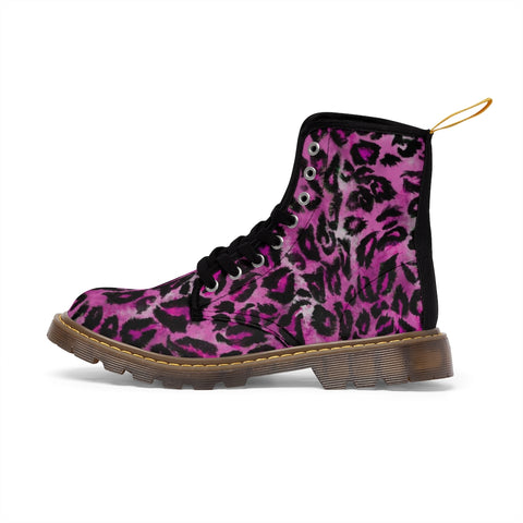 Pink Leopard Print Women's Boots, Best Pink Cute Leopard Animal Print Designer Women's Winter Lace-up Toe Cap Hiking Boots Shoes For Women (US Size 6.5-11)