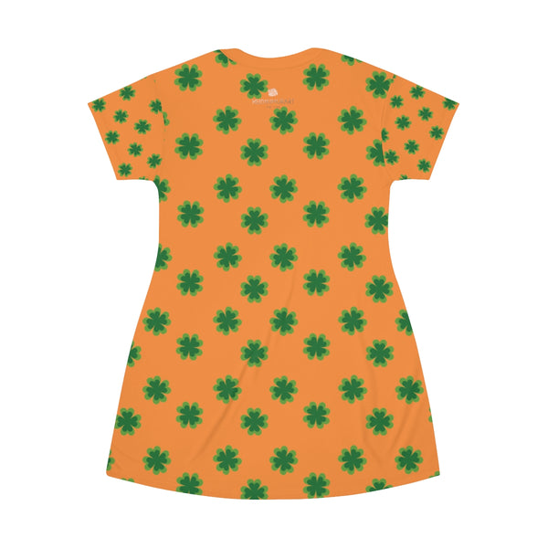 Orange Green Clover Print St. Patrick's Day Women's Long T-Shirt Dress- Made in USA-T-Shirt Dress-Heidi Kimura Art LLC