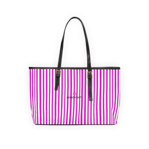 Best Pink Stripes Tote Bag, Best Stylish Hot Pink and White Striped PU Leather Shoulder Large Spacious Durable Hand Work Bag 17"x11"/ 16"x10" With Gold-Color Zippers & Buckles & Mobile Phone Slots & Inner Pockets, All Day Large Tote Luxury Best Sleek and Sophisticated Cute Work Shoulder Bag For Women With Outside And Inner Zippers