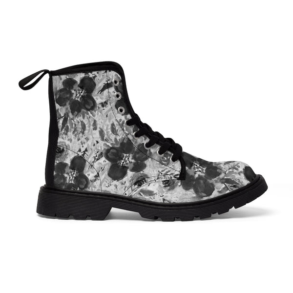 Grey Floral Print Men's Boots, Floral Rose Printed Fashion Designer Men's Lace-Up Winter Boots Men's Shoes (US Size: 7-10.5) Men's Hiking Shoes, Hiking Boots For Men 
