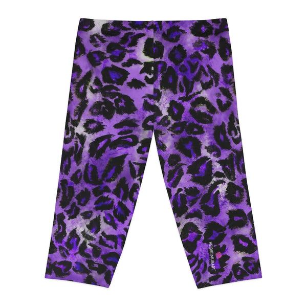 Purple Leopard Women's Capri Leggings, Modern Leopard Animal Print American-Made Best Designer Premium Quality Knee-Length Mid-Waist Fit Knee-Length Polyester Capris Tights-Made in USA (US Size: XS-3XL) Plus Size Available