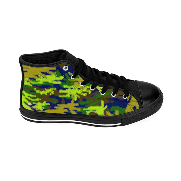 Navy Blue Green Camouflage Army Military Print Men's High-top Sneakers Tennis Shoes-Men's High Top Sneakers-Heidi Kimura Art LLC