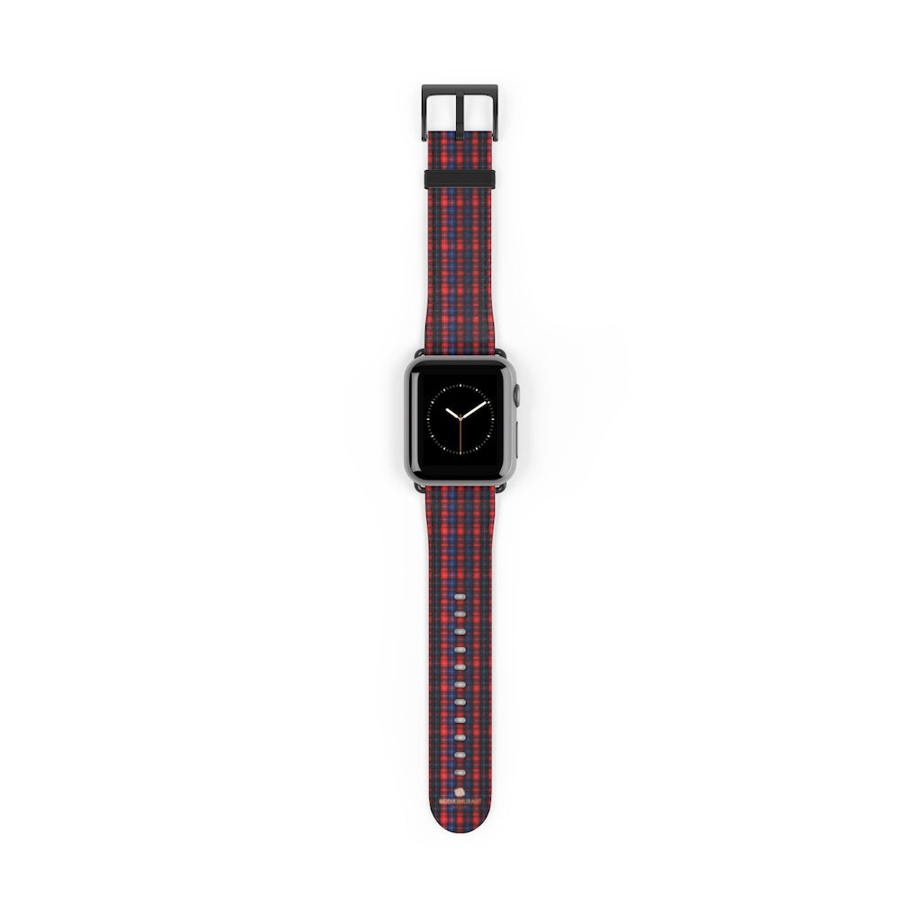 Red Blue Plaid Tartan Print 38mm/42mm Watch Band For Apple Watch- Made in USA-Watch Band-38 mm-Black Matte-Heidi Kimura Art LLC