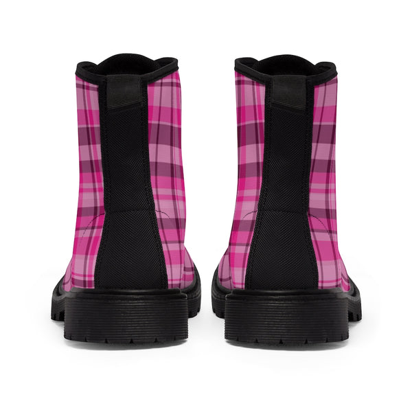 Pink Plaid Print Men's Boots, Scottish Tartan Plaid Printed Fashion Best Combat Work Hunting Boots For Men, Anti Heat + Moisture Designer Men's Winter Boots Hiking Shoes (US Size: 7-10.5)