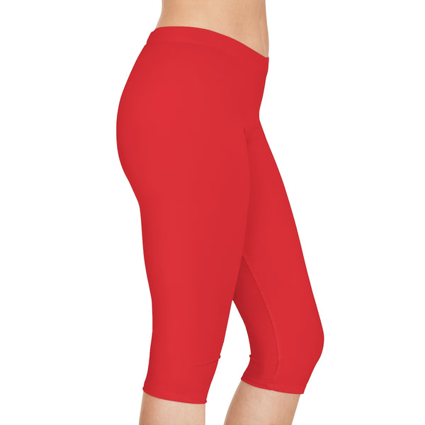 Bright Red Women's Capri Leggings, Knee-Length Polyester Capris Tights-Made in USA (US Size: XS-2XL)