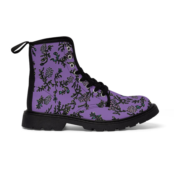 Purple Floral Women's Boots, Purple and Black Floral Women's Boots, Flower Print Elegant Feminine Casual Fashion Gifts, Flower Rose Print Shoes For Flower Lovers, Combat Boots, Designer Women's Winter Lace-up Toe Cap Hiking Boots Shoes For Women (US Size 6.5-11) Black Floral Boots, Floral Boots Womens, Vintage Style Floral Boots 