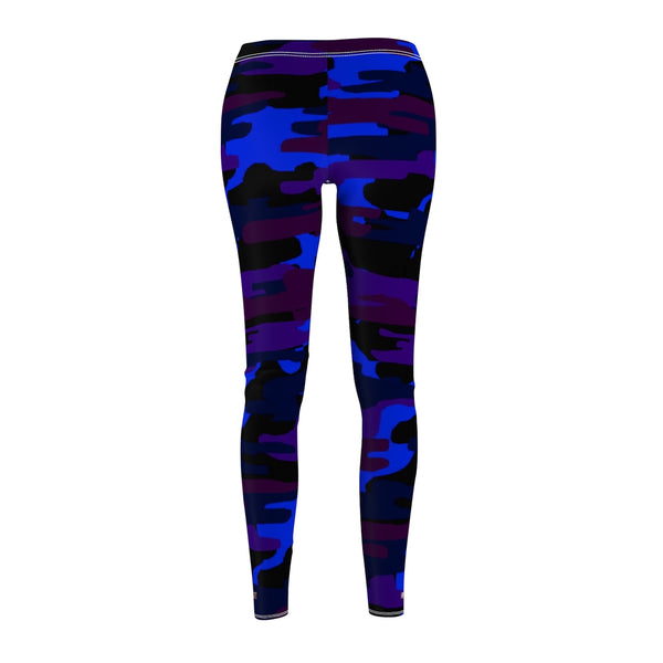 Purple Blue Camo Army Print Women's Dressy Long Casual Leggings- Made in USA-All Over Prints-Heidi Kimura Art LLC