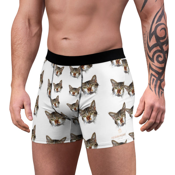 White Cat Print Men's Underwear, Cute Cat Boxer Briefs For Men, Sexy Hot Men's Boxer Briefs Hipster Lightweight 2-sided Soft Fleece Lined Fit Underwear - (US Size: XS-3XL) Cat Boxers For Men/ Guys, Men's Boxer Briefs Cute Cat Print Underwear