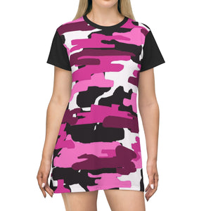 Pink Camo Military Print Women's Long T-shirt Dress-Made in USA(US Size: XS-2XL)-T-Shirt Dress-L-Heidi Kimura Art LLC Pink Camo T-shirt Dress, Designer Pink Camo Military Print Women's Long T-shirt Dress- Made in USA (US Size: XS-2XL)