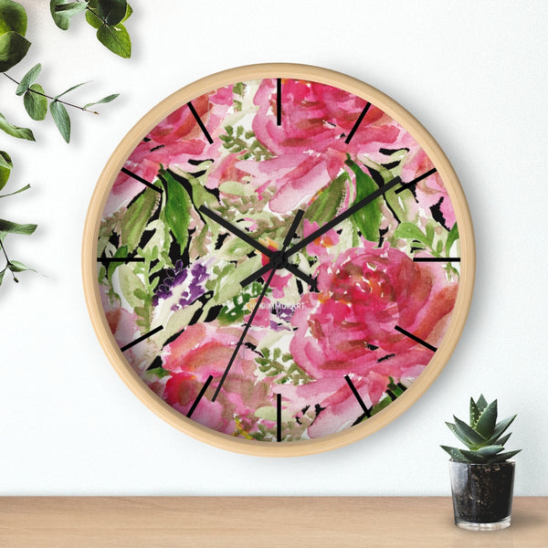 Pink Floral Rose Wall Clock,  Floral 10 inch Diameter Wall Clock, Large Round Wood Girl Children Bedroom Wall Clock