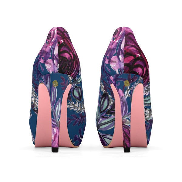 Royal Blue Purple Rose Floral Women's Platform Heels Stiletto Pumps (US Size: 5-11)-4 inch Heels-Heidi Kimura Art LLC