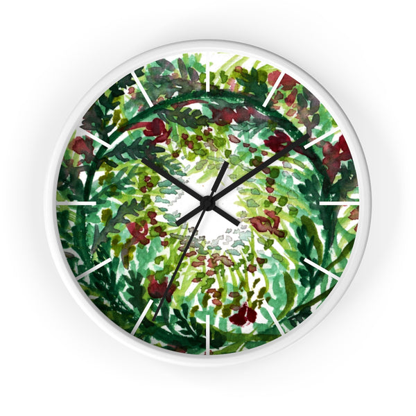 Fall Leaves Red Christmas Wreath Floral Print Flower 10"Dia. Wall Clock - Made in USA-Wall Clock-White-Black-Heidi Kimura Art LLC