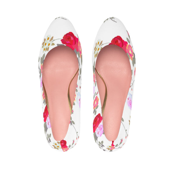 White Mixed Floral Print Designer Women's Platform Heels Platform Heels (US Size: 5-11)-4 inch Heels-Heidi Kimura Art LLC