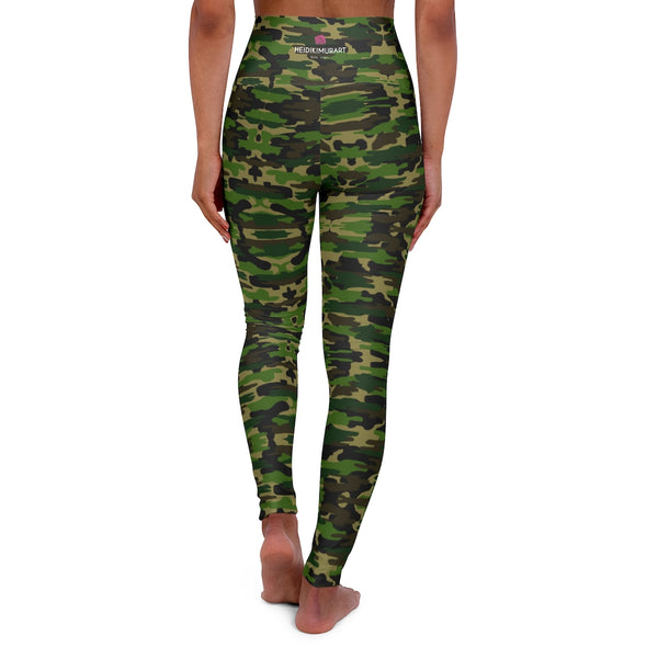 Green Camo Print Yoga Tights, Green Camouflaged Military Army Print Women's Best High Waisted Yoga Leggings - Made in USA (US Size: XS-2XL)