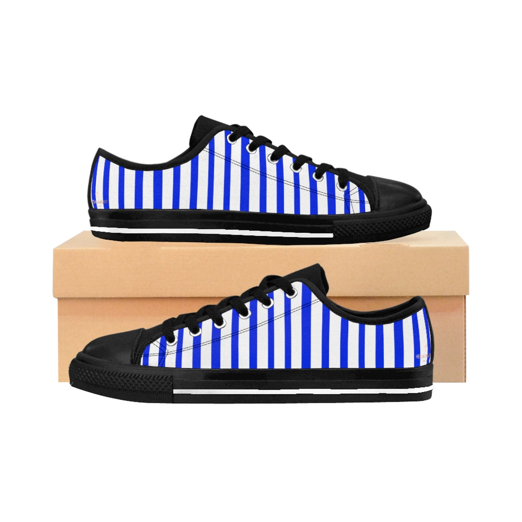 Blue White Striped Women's Sneakers-Shoes-Printify-US 6-Black-Heidi Kimura Art LLC Blue White Striped Women's Sneakers, Women's Striped Sneakers, Classic Modern Stripes Low Tops, Designer Low Top Women's Sneakers Tennis Shoes (US Size: 6-12)